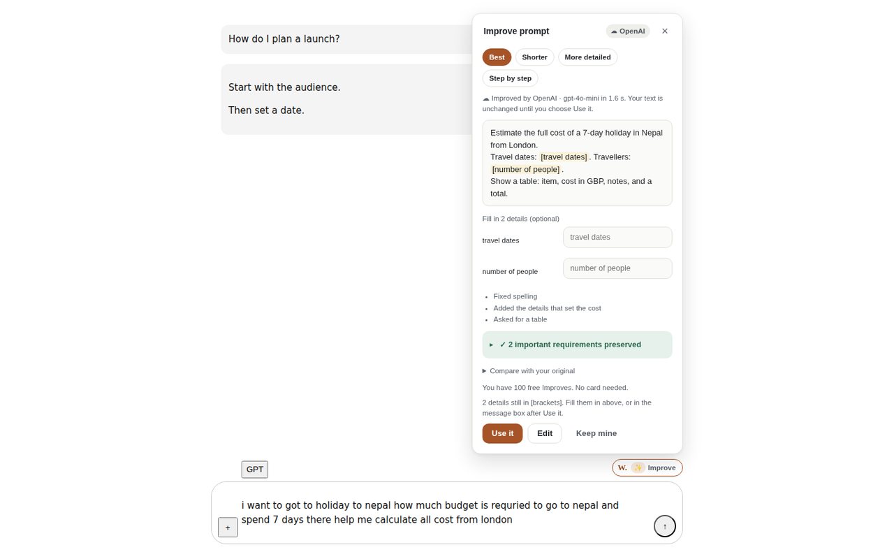 The WriteFlow Improve card beside an AI chat box, showing a vague travel-budget question rewritten into a clear prompt with the missing details marked.